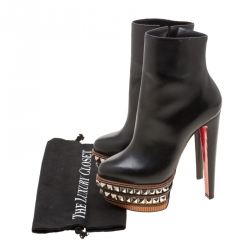 Christian Louboutin Black Leather Faolo Studded Platform Ankle Boots Size 38.5