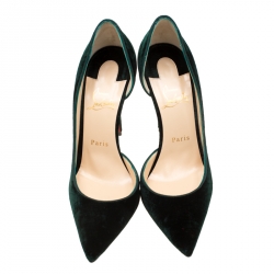 Pre Owned Christian Louboutin Dark Green Textured Velvet Iriza Pointed Toe D'orsay Pumps Size 38.5