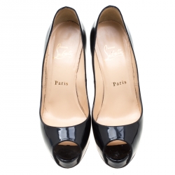 Pre Owned Christian Louboutin Black Patent Leather Hyper Prive Peep Toe Platform Pumps Size 37.5