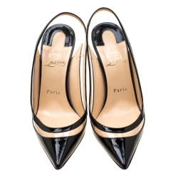 Pre Owned Christian Louboutin Black Patent Leather And PVC Paulina Pointed Toe Slingback Sandals Size 36.5