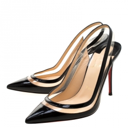 Pre Owned Christian Louboutin Black Patent Leather And PVC Paulina Pointed Toe Slingback Sandals Size 36.5