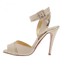 Pre Owned Christian Louboutin Cream Patent Escatin Ankle Strap Sandals Size 37.5