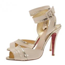 Pre Owned Christian Louboutin Cream Patent Escatin Ankle Strap Sandals Size 37.5