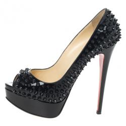 Pre Owned Christian Louboutin Black Patent Lady Peep Toe 150mm Spikes Platform Pumps Size 36.5
