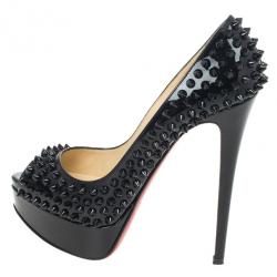 Pre Owned Christian Louboutin Black Patent Lady Peep Toe 150mm Spikes Platform Pumps Size 36.5