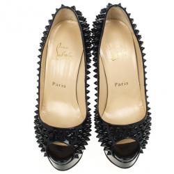 Pre Owned Christian Louboutin Black Patent Lady Peep Toe 150mm Spikes Platform Pumps Size 36.5