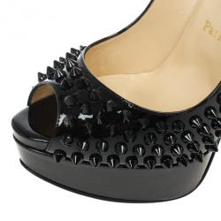 Pre Owned Christian Louboutin Black Patent Lady Peep Toe 150mm Spikes Platform Pumps Size 36.5