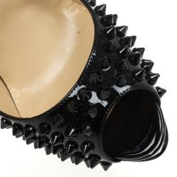 Pre Owned Christian Louboutin Black Patent Lady Peep Toe 150mm Spikes Platform Pumps Size 36.5