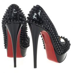 Pre Owned Christian Louboutin Black Patent Lady Peep Toe 150mm Spikes Platform Pumps Size 36.5
