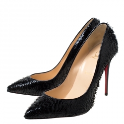 Pre Owned Christian Louboutin Black Fringed Patent Leather Pigallie Follies Crow Pointed Toe Pumps Size 40.5