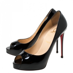 Pre Owned Christian Louboutin Black Patent Leather New Very Prive Peep Toe Pumps Size 38.5