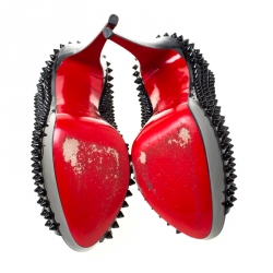 Pre Owned Christian Louboutin Black Patent Leather Lady Peep Toe Spike Platform Pumps Size 38.5