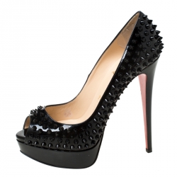 Pre Owned Christian Louboutin Black Patent Leather Lady Peep Toe Spike Platform Pumps Size 38.5