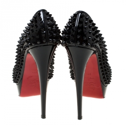 Pre Owned Christian Louboutin Black Patent Leather Lady Peep Toe Spike Platform Pumps Size 38.5