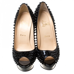 Pre Owned Christian Louboutin Black Patent Leather Lady Peep Toe Spike Platform Pumps Size 38.5