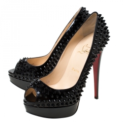 Pre Owned Christian Louboutin Black Patent Leather Lady Peep Toe Spike Platform Pumps Size 38.5
