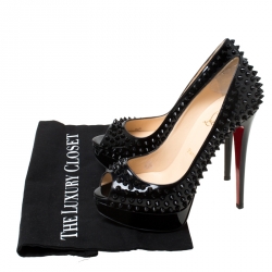 Pre Owned Christian Louboutin Black Patent Leather Lady Peep Toe Spike Platform Pumps Size 38.5