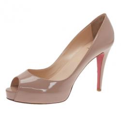 Pre Owned Christian Louboutin Nude Patent Very Prive Peep Toe Pumps Size 41.5