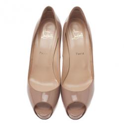 Pre Owned Christian Louboutin Nude Patent Very Prive Peep Toe Pumps Size 41.5