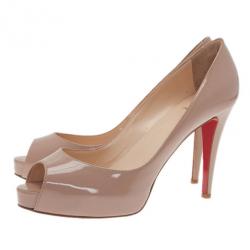 Pre Owned Christian Louboutin Nude Patent Very Prive Peep Toe Pumps Size 41.5