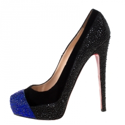 Christian Louboutin Black/Blue Velvet And Crystal Embellished Platform Pumps Size 39