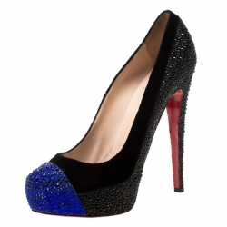 Christian Louboutin Black/Blue Velvet And Crystal Embellished Platform Pumps Size 39