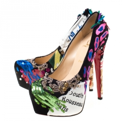 Christian Louboutin Multicolor Satin Daffodile Embellished Platform Pumps Size 39