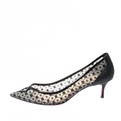 Pre Owned Christian Louboutin Black Lace Pointed Toe Kitten Heels Pumps Size 39.5