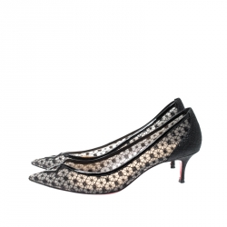 Pre Owned Christian Louboutin Black Lace Pointed Toe Kitten Heels Pumps Size 39.5