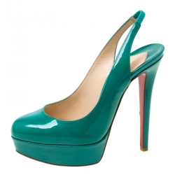 Pre Owned Christian Louboutin Green Patent Leather Bianca Platform Slingback Sandals Size 35.5