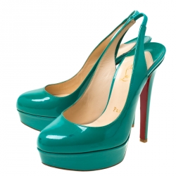 Pre Owned Christian Louboutin Green Patent Leather Bianca Platform Slingback Sandals Size 35.5