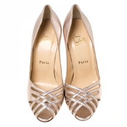 مملوكة مسبقًا Christian Louboutin Beige Metallic Cut Out Leather So Kate Peep Toe Pumps Size 38