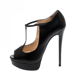 Pre Owned Christian Louboutin Black Leather Alta Poppins T Strap Peep Toe Platfrom Pumps Size 39.5