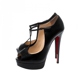 Pre Owned Christian Louboutin Black Leather Alta Poppins T Strap Peep Toe Platfrom Pumps Size 39.5