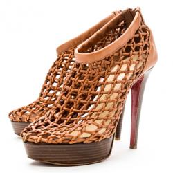 Pre Owned Christian Louboutin Beige Woven 'Coussin 140mm' Platform Ankle Booties Size 37