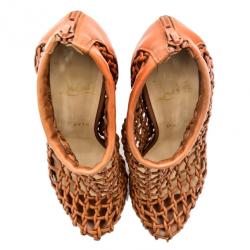 Pre Owned Christian Louboutin Beige Woven 'Coussin 140mm' Platform Ankle Booties Size 37