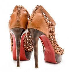 Pre Owned Christian Louboutin Beige Woven 'Coussin 140mm' Platform Ankle Booties Size 37