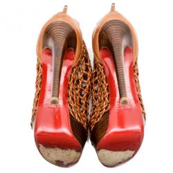 Pre Owned Christian Louboutin Beige Woven 'Coussin 140mm' Platform Ankle Booties Size 37