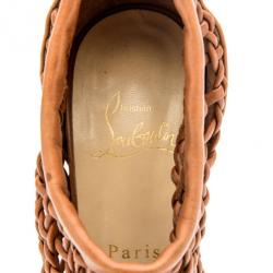 Pre Owned Christian Louboutin Beige Woven 'Coussin 140mm' Platform Ankle Booties Size 37
