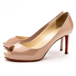 Pre Owned Christian Louboutin Nude Patent No Matter Peep Toe Pumps Size 37