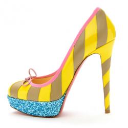 Pre Owned Christian Louboutin Yellow/Grey Striped Patent Leather Foraine 140mm Pumps Size 39