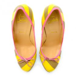 Pre Owned Christian Louboutin Yellow/Grey Striped Patent Leather Foraine 140mm Pumps Size 39