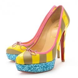 Pre Owned Christian Louboutin Yellow/Grey Striped Patent Leather Foraine 140mm Pumps Size 39
