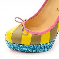 Pre Owned Christian Louboutin Yellow/Grey Striped Patent Leather Foraine 140mm Pumps Size 39