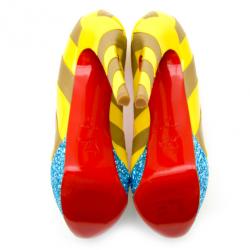 Pre Owned Christian Louboutin Yellow/Grey Striped Patent Leather Foraine 140mm Pumps Size 39