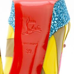 Pre Owned Christian Louboutin Yellow/Grey Striped Patent Leather Foraine 140mm Pumps Size 39