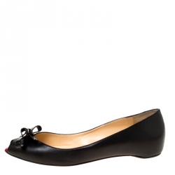Pre Owned Christian Louboutin Black Leather Bow Peep Toe Ballet Flats Size 37.5