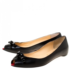 Pre Owned Christian Louboutin Black Leather Bow Peep Toe Ballet Flats Size 37.5