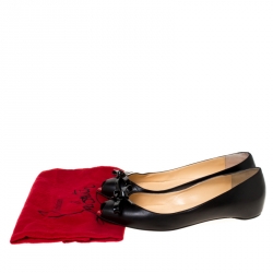 Pre Owned Christian Louboutin Black Leather Bow Peep Toe Ballet Flats Size 37.5