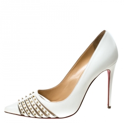 Pre Owned Christian Louboutin White Leather Bareta Spike Pointed Toe Pumps Size 39.5